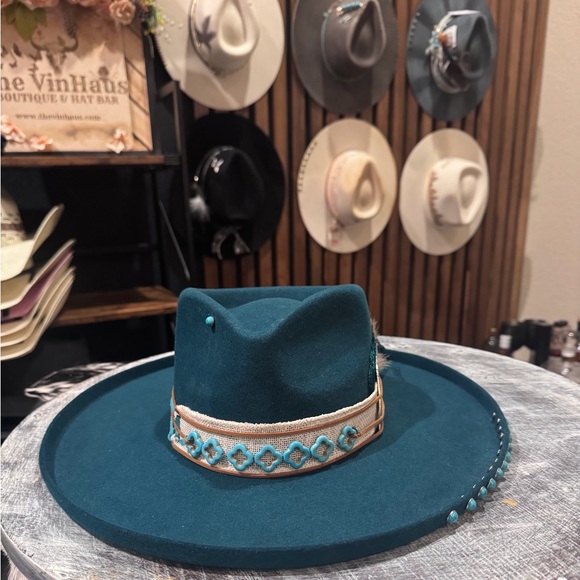 Teal Western Hat with Feather and Beaded Band - Picture 3 of 5